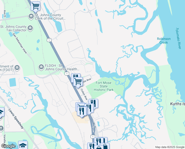 map of restaurants, bars, coffee shops, grocery stores, and more near 10 Poinciana Cove Road in St. Augustine