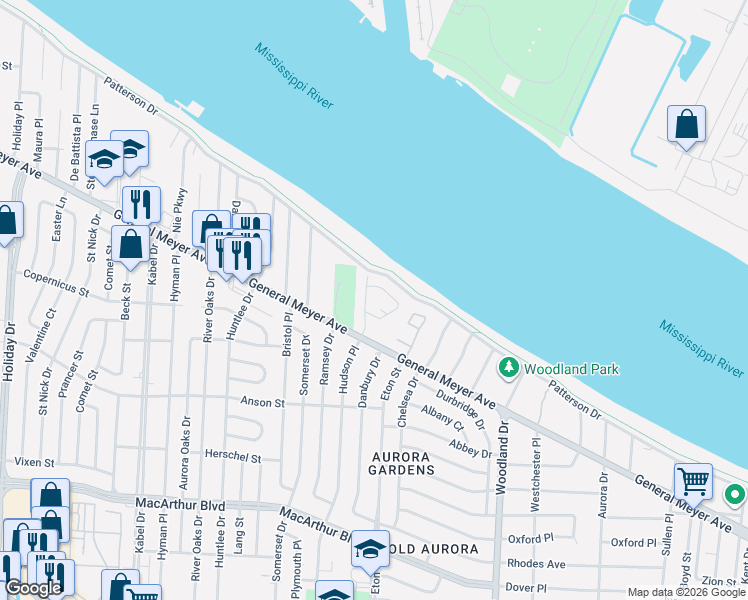 map of restaurants, bars, coffee shops, grocery stores, and more near 9 Navigation Court in New Orleans