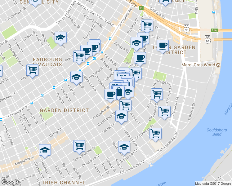 map of restaurants, bars, coffee shops, grocery stores, and more near 2039 Magazine Street in New Orleans
