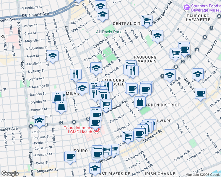 map of restaurants, bars, coffee shops, grocery stores, and more near 3030 Baronne Street in New Orleans