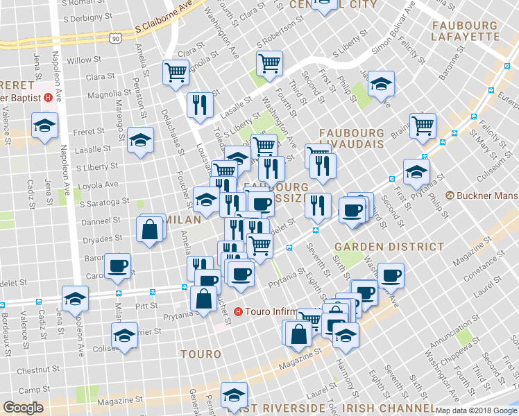map of restaurants, bars, coffee shops, grocery stores, and more near 1820 Toledano Street in New Orleans