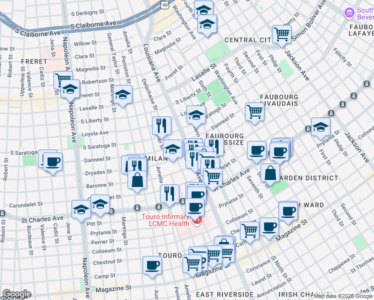map of restaurants, bars, coffee shops, grocery stores, and more near 1838 Louisiana Avenue in New Orleans