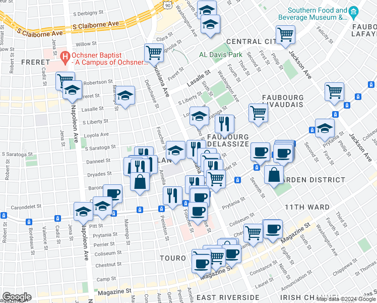 map of restaurants, bars, coffee shops, grocery stores, and more near 1838 Louisiana Avenue in New Orleans