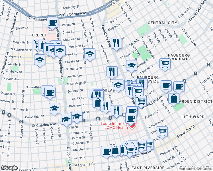 map of restaurants, bars, coffee shops, grocery stores, and more near 3700 Danneel Street in New Orleans