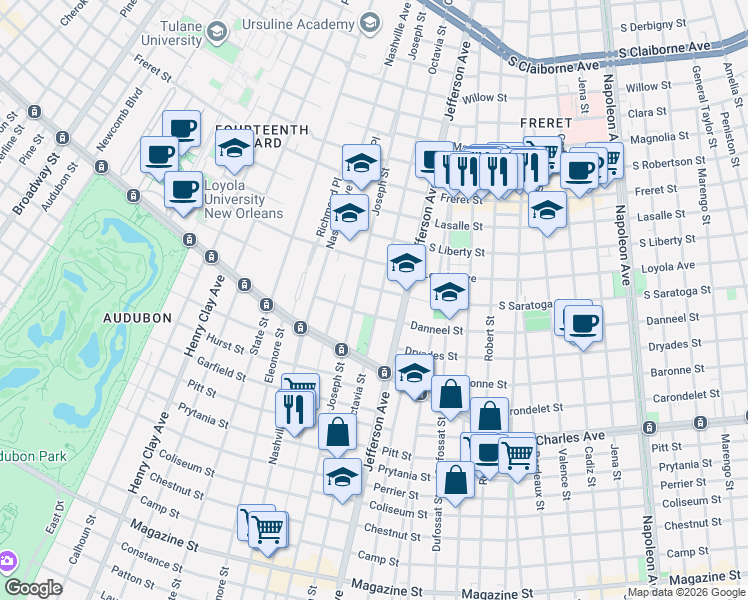 map of restaurants, bars, coffee shops, grocery stores, and more near 5515 Danneel Street in New Orleans