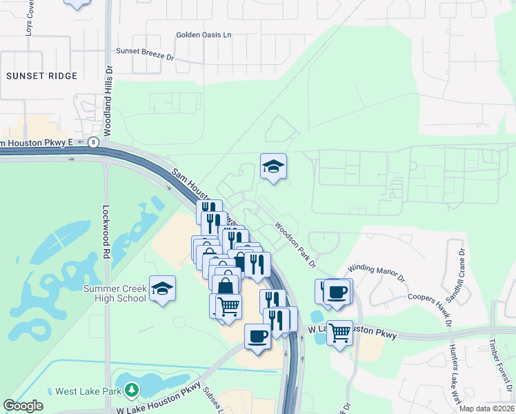 map of restaurants, bars, coffee shops, grocery stores, and more near 2 Woodson Park Drive in Houston