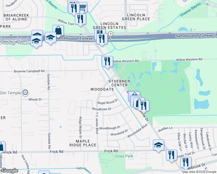map of restaurants, bars, coffee shops, grocery stores, and more near 13530 Wood Terrace Drive in Houston