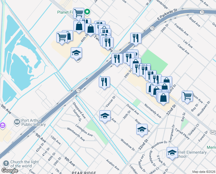 map of restaurants, bars, coffee shops, grocery stores, and more near 4604 Briarwood Lane in Port Arthur
