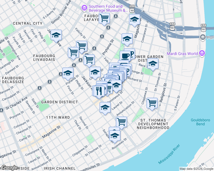 map of restaurants, bars, coffee shops, grocery stores, and more near 2039 Magazine Street in New Orleans