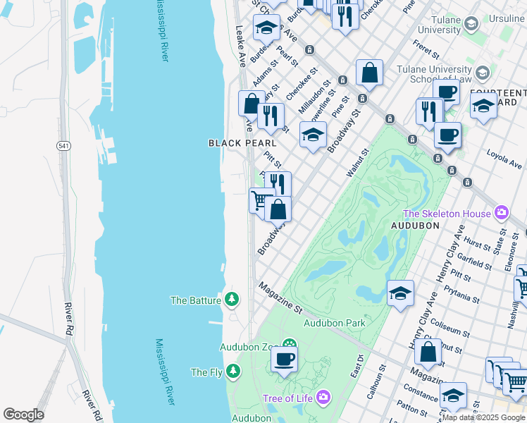 map of restaurants, bars, coffee shops, grocery stores, and more near 200 Broadway Street in New Orleans