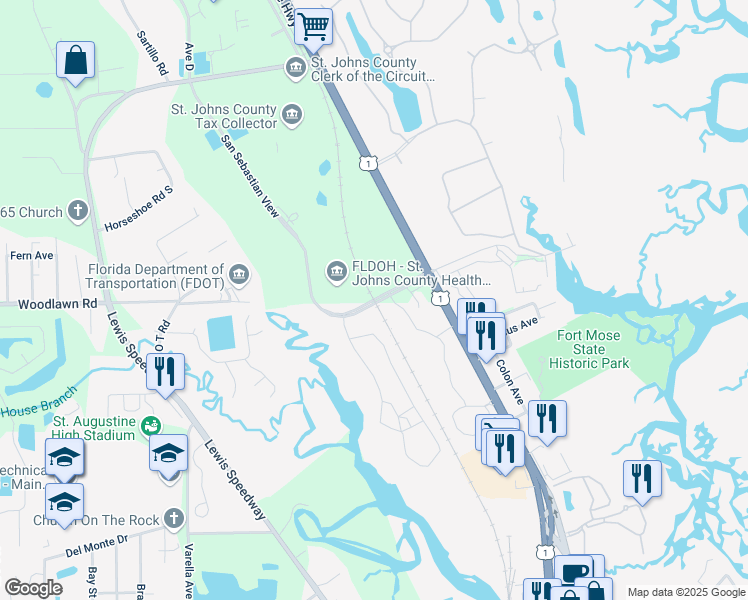 map of restaurants, bars, coffee shops, grocery stores, and more near San Sebastian View in St. Augustine
