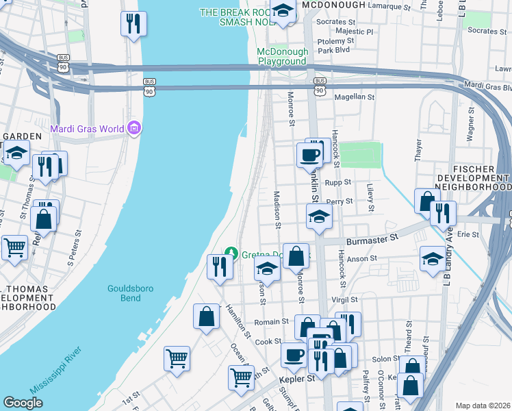 map of restaurants, bars, coffee shops, grocery stores, and more near 803 Jefferson Street in Gretna