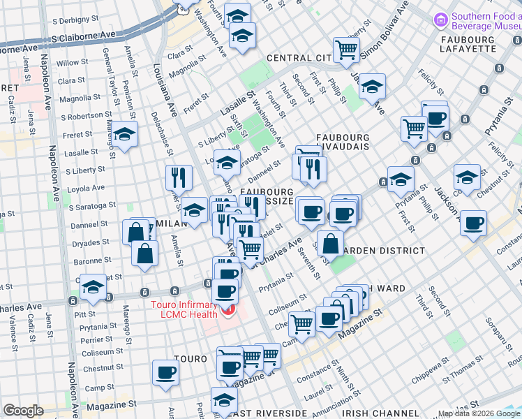 map of restaurants, bars, coffee shops, grocery stores, and more near 3030 Baronne Street in New Orleans