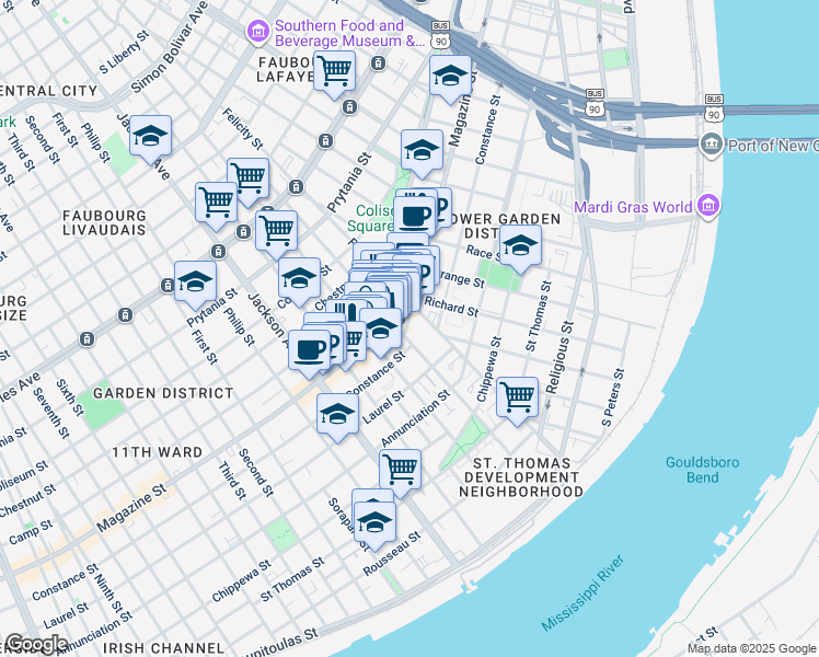 map of restaurants, bars, coffee shops, grocery stores, and more near 1010 Saint Mary Street in New Orleans