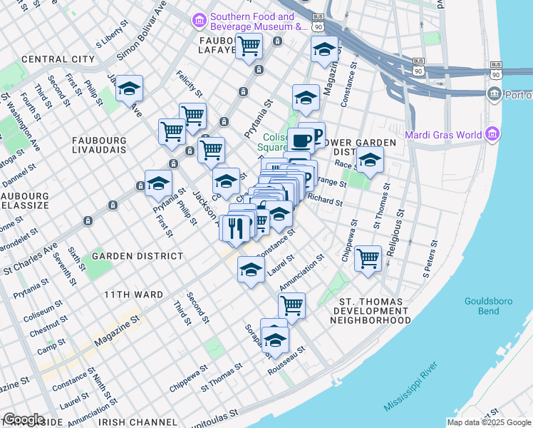 map of restaurants, bars, coffee shops, grocery stores, and more near 2039 Magazine Street in New Orleans