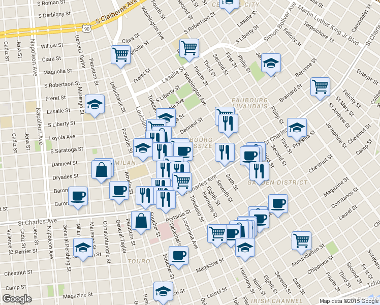 map of restaurants, bars, coffee shops, grocery stores, and more near 3030 Baronne Street in New Orleans