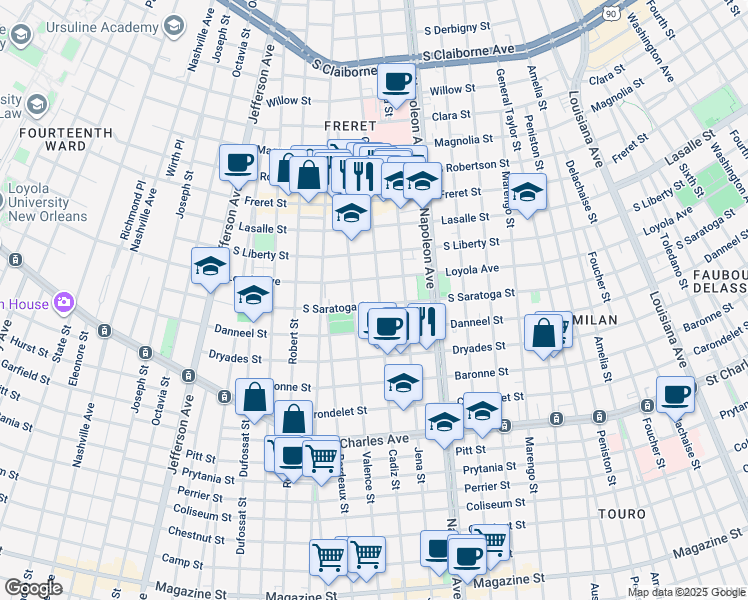 map of restaurants, bars, coffee shops, grocery stores, and more near 2034 Cadiz Street in New Orleans