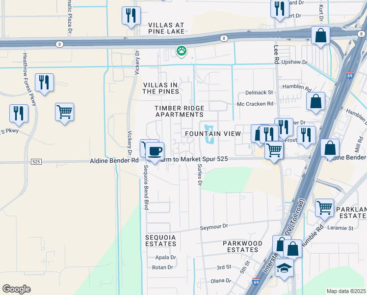 map of restaurants, bars, coffee shops, grocery stores, and more near 5335 Aldine Bender Road in Houston