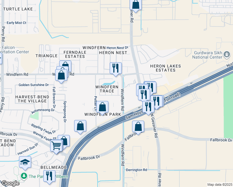 map of restaurants, bars, coffee shops, grocery stores, and more near 8815 Windfern Trace Drive in Houston