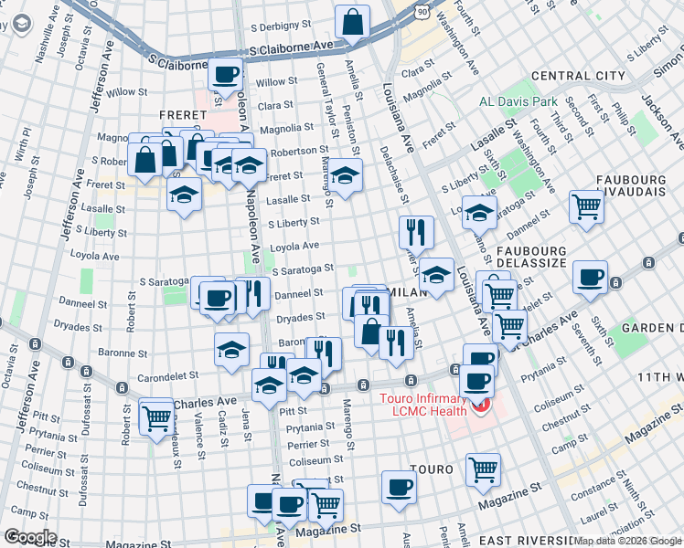map of restaurants, bars, coffee shops, grocery stores, and more near 2025 Marengo Street in New Orleans