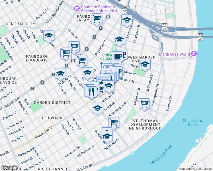 map of restaurants, bars, coffee shops, grocery stores, and more near 1933 Sophie Wright Place in New Orleans