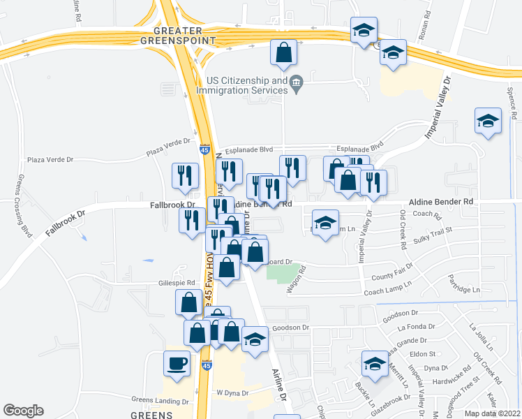 map of restaurants, bars, coffee shops, grocery stores, and more near 44 Aldine Bender Road in Houston