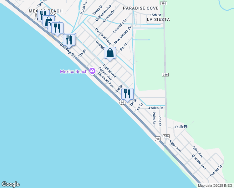 map of restaurants, bars, coffee shops, grocery stores, and more near 216 U.S. 98 in Mexico Beach