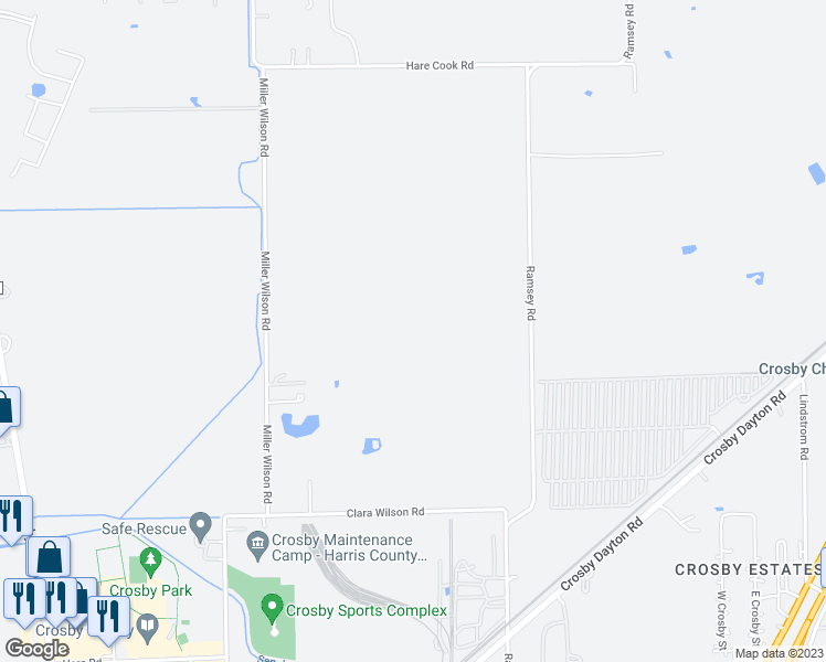 map of restaurants, bars, coffee shops, grocery stores, and more near 16903 Ramsey Road in Crosby