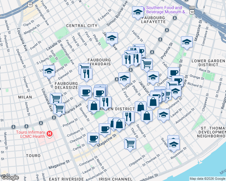 map of restaurants, bars, coffee shops, grocery stores, and more near 1451 Second Street in New Orleans