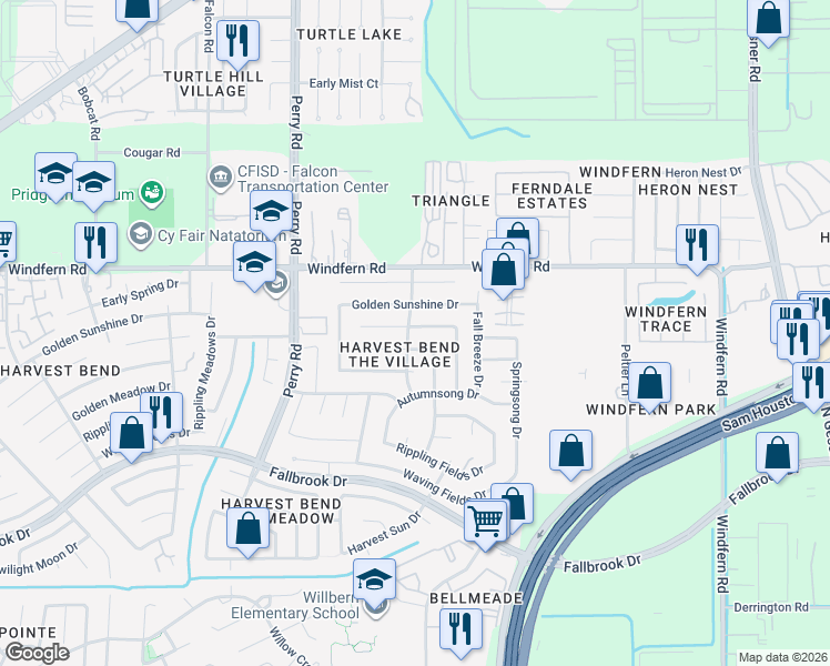 map of restaurants, bars, coffee shops, grocery stores, and more near 9155 Autumn Harvest Drive in Houston