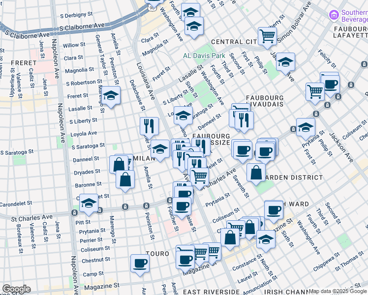map of restaurants, bars, coffee shops, grocery stores, and more near 1820 Toledano Street in New Orleans