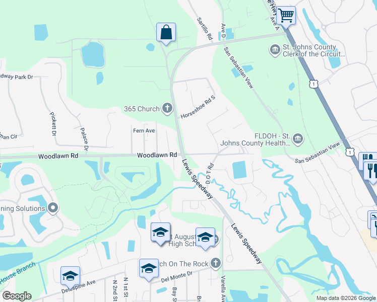 map of restaurants, bars, coffee shops, grocery stores, and more near 425 Roosevelt Terrace Road in St. Augustine