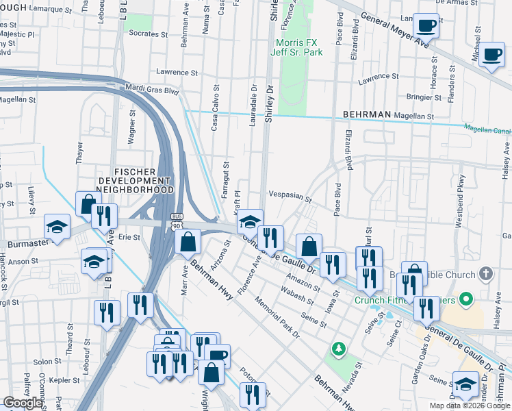map of restaurants, bars, coffee shops, grocery stores, and more near 2420 Lauradale Drive in New Orleans
