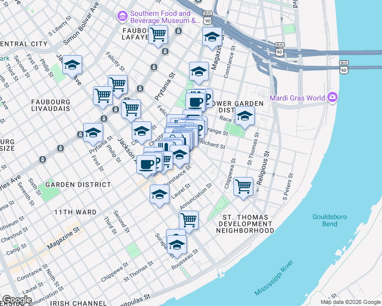 map of restaurants, bars, coffee shops, grocery stores, and more near 1010 Saint Mary Street in New Orleans