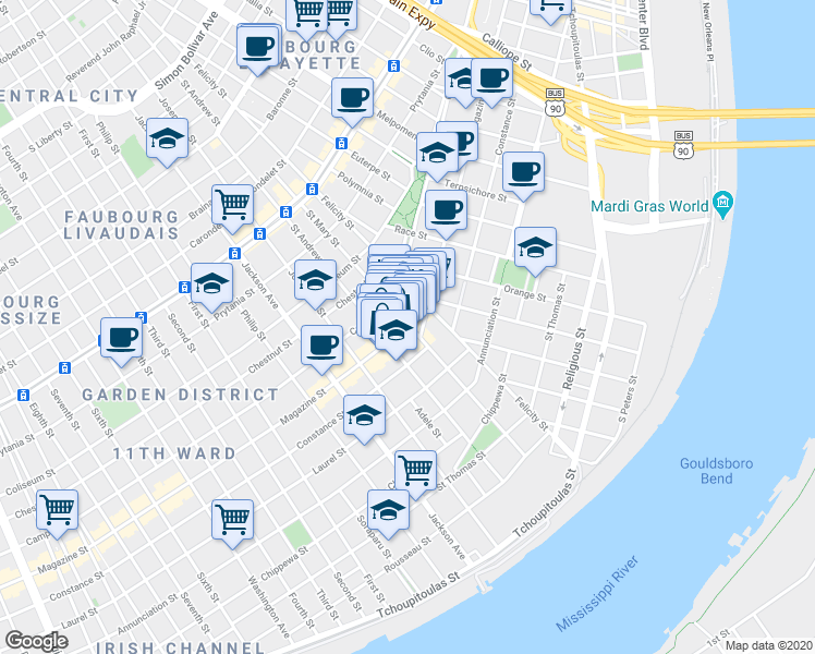 map of restaurants, bars, coffee shops, grocery stores, and more near 1010 Saint Mary Street in New Orleans