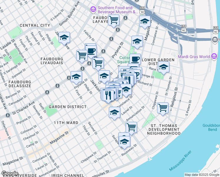 map of restaurants, bars, coffee shops, grocery stores, and more near in New Orleans