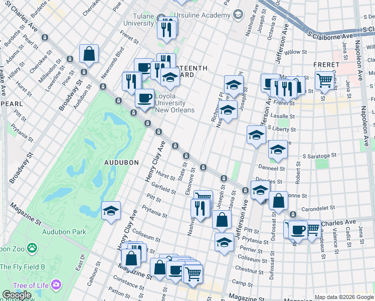map of restaurants, bars, coffee shops, grocery stores, and more near 6000 Saint Charles Avenue in New Orleans