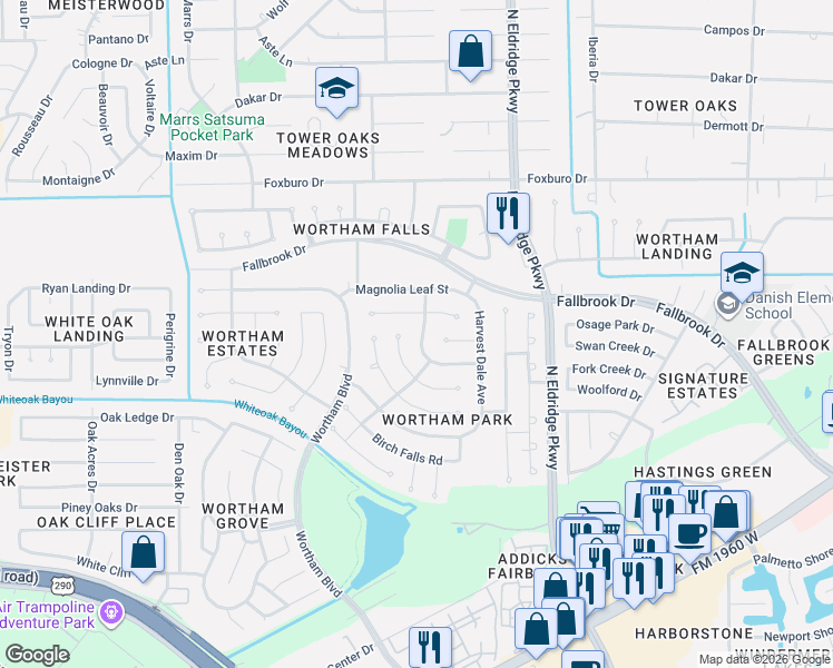 map of restaurants, bars, coffee shops, grocery stores, and more near 11315 Chestnut Woods Trail in Houston