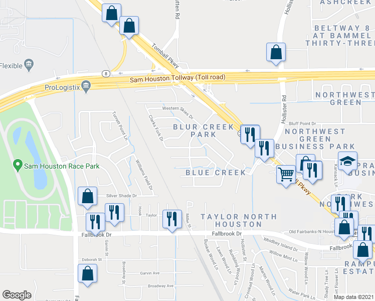 map of restaurants, bars, coffee shops, grocery stores, and more near 15403 Blue Creek Ranch Drive in Houston