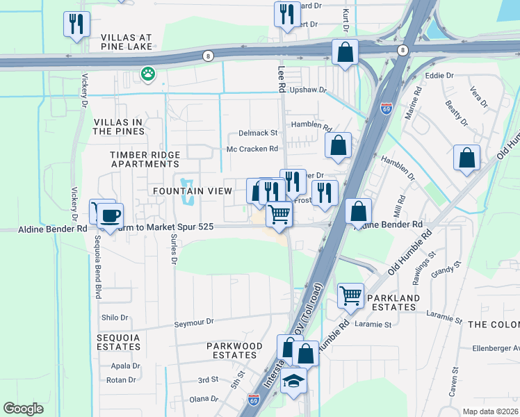 map of restaurants, bars, coffee shops, grocery stores, and more near 5621 Aldine Bender Road in Houston