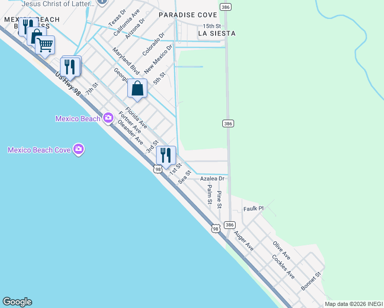 map of restaurants, bars, coffee shops, grocery stores, and more near 65-69 1st St in Mexico Beach