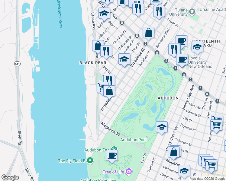 map of restaurants, bars, coffee shops, grocery stores, and more near 259 Broadway Street in New Orleans