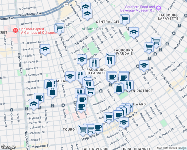 map of restaurants, bars, coffee shops, grocery stores, and more near 1827 8th St in New Orleans