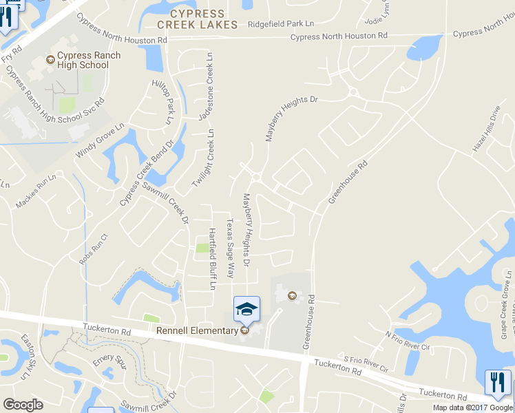 map of restaurants, bars, coffee shops, grocery stores, and more near 10602 Grace Hollow Drive in Cypress