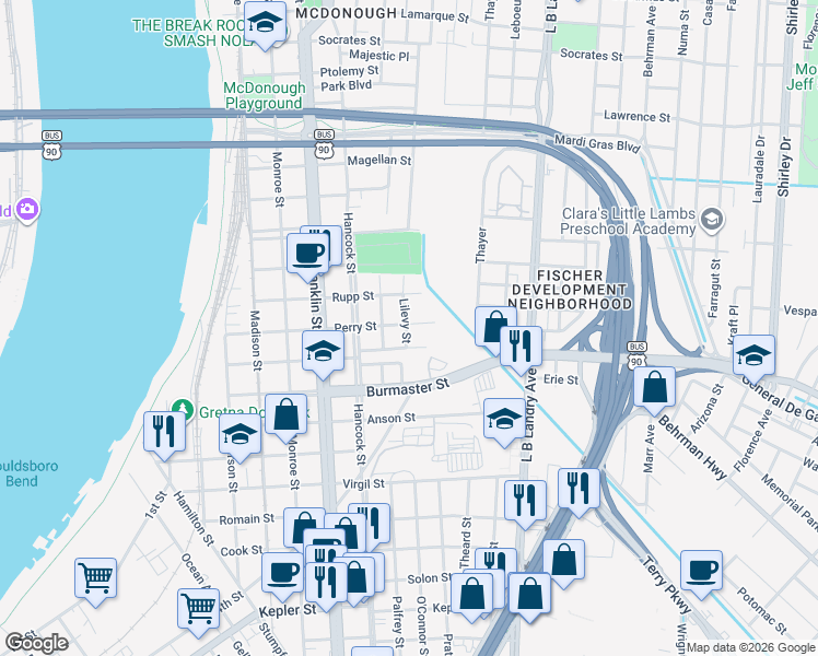 map of restaurants, bars, coffee shops, grocery stores, and more near 1107 Isbell Street in Gretna