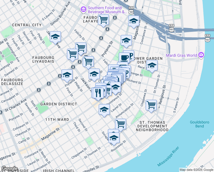 map of restaurants, bars, coffee shops, grocery stores, and more near 2039 Magazine Street in New Orleans
