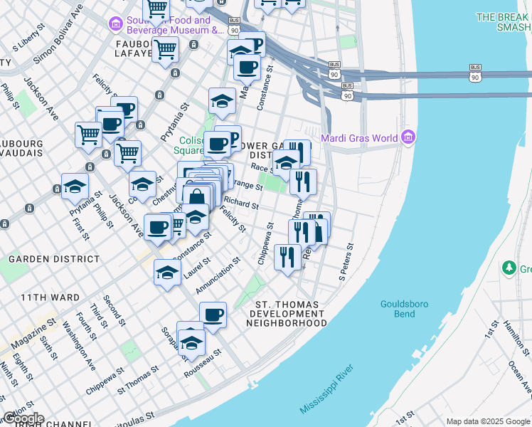 map of restaurants, bars, coffee shops, grocery stores, and more near 800 Richard Street in New Orleans