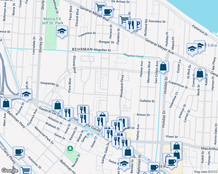 map of restaurants, bars, coffee shops, grocery stores, and more near 3522 Vespasian Boulevard in New Orleans