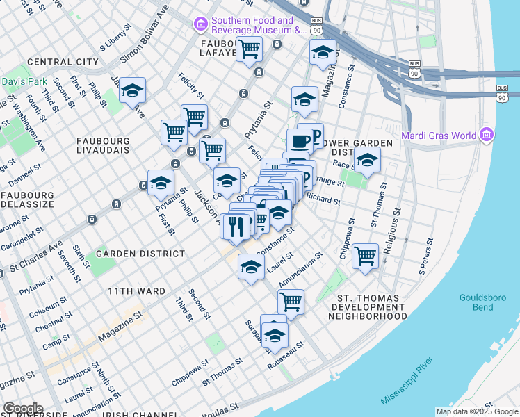 map of restaurants, bars, coffee shops, grocery stores, and more near 2039 Magazine Street in New Orleans