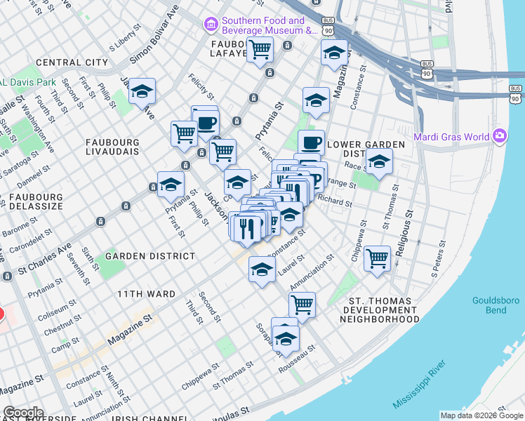 map of restaurants, bars, coffee shops, grocery stores, and more near in New Orleans